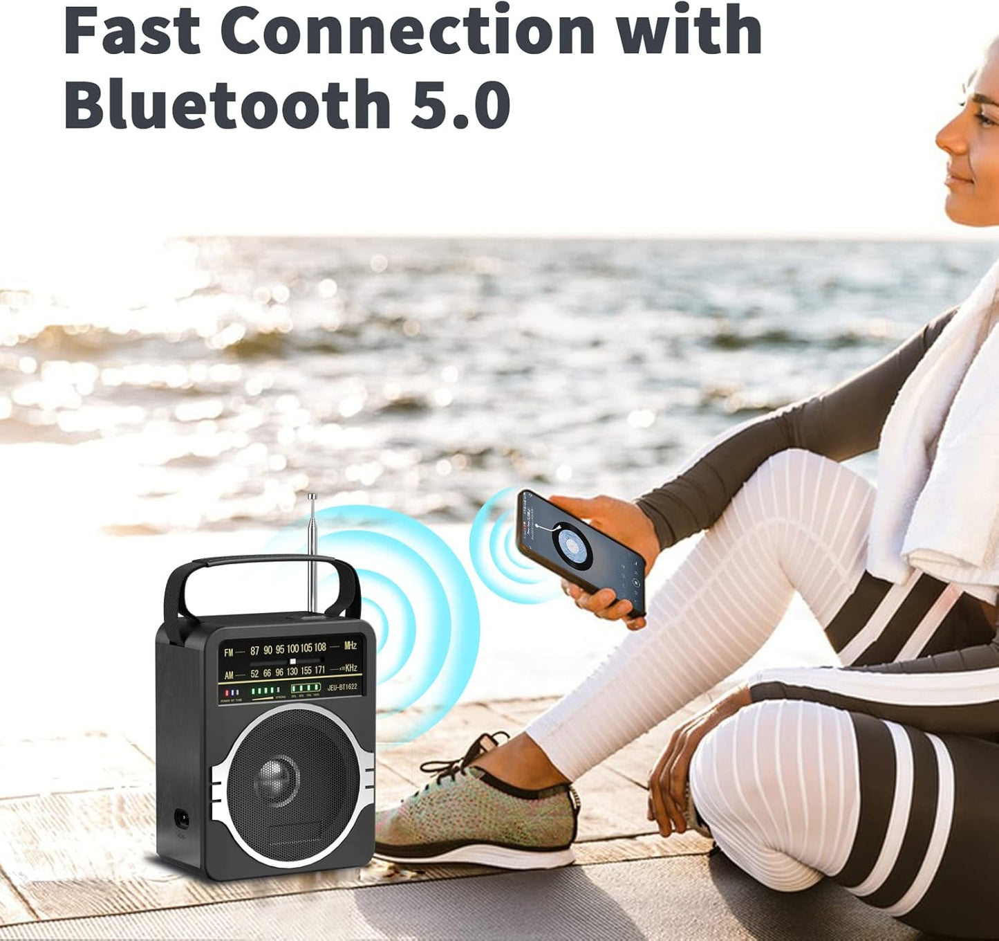 Radio FM portátil AM, radio Bluetooth 5.0, altavoz de 5V. JEUJUG.