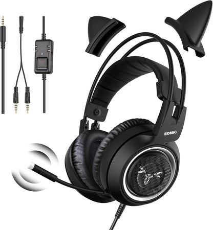 Auriculares stereo p/ juegos, con micrófono, desmontables, SOMIC.