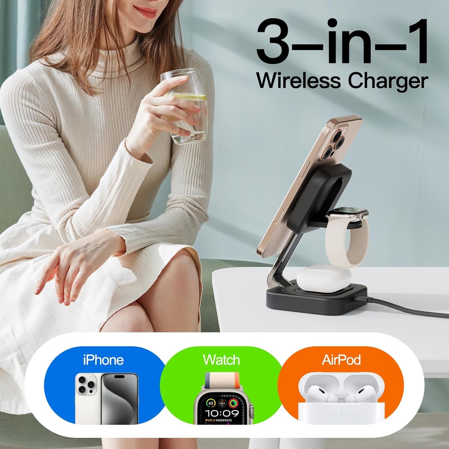 Estación de carga rápida inalámbrica Mag-Safe, 3 en 1,  magnético.