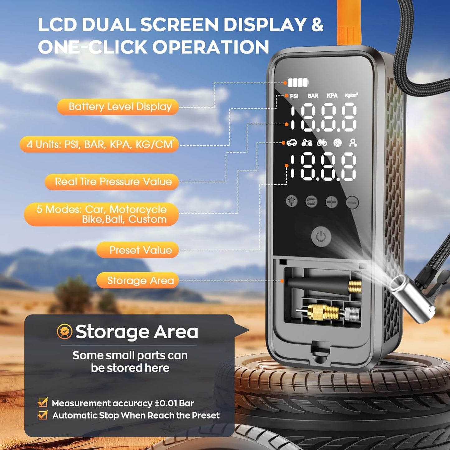 Inflador de neumáticos, portátil, con luz LED de emergencia (USADO).