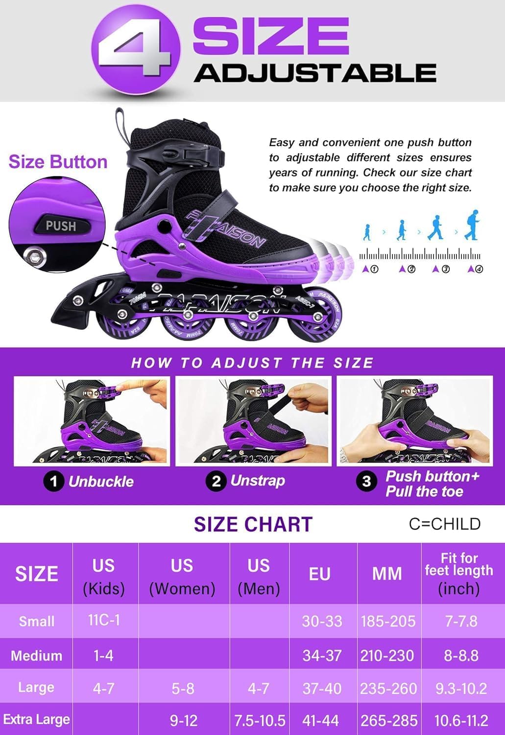 PAPAISON Patines en línea Ajustables con Ruedas LED XL 26.5CM