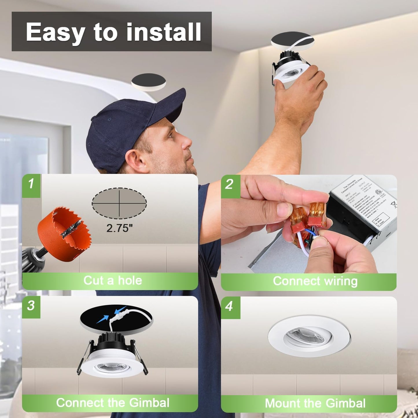 Foco (6) giratorio de cardán empotrado 5 CCT Y 3 CCT  3" lámpara de techo