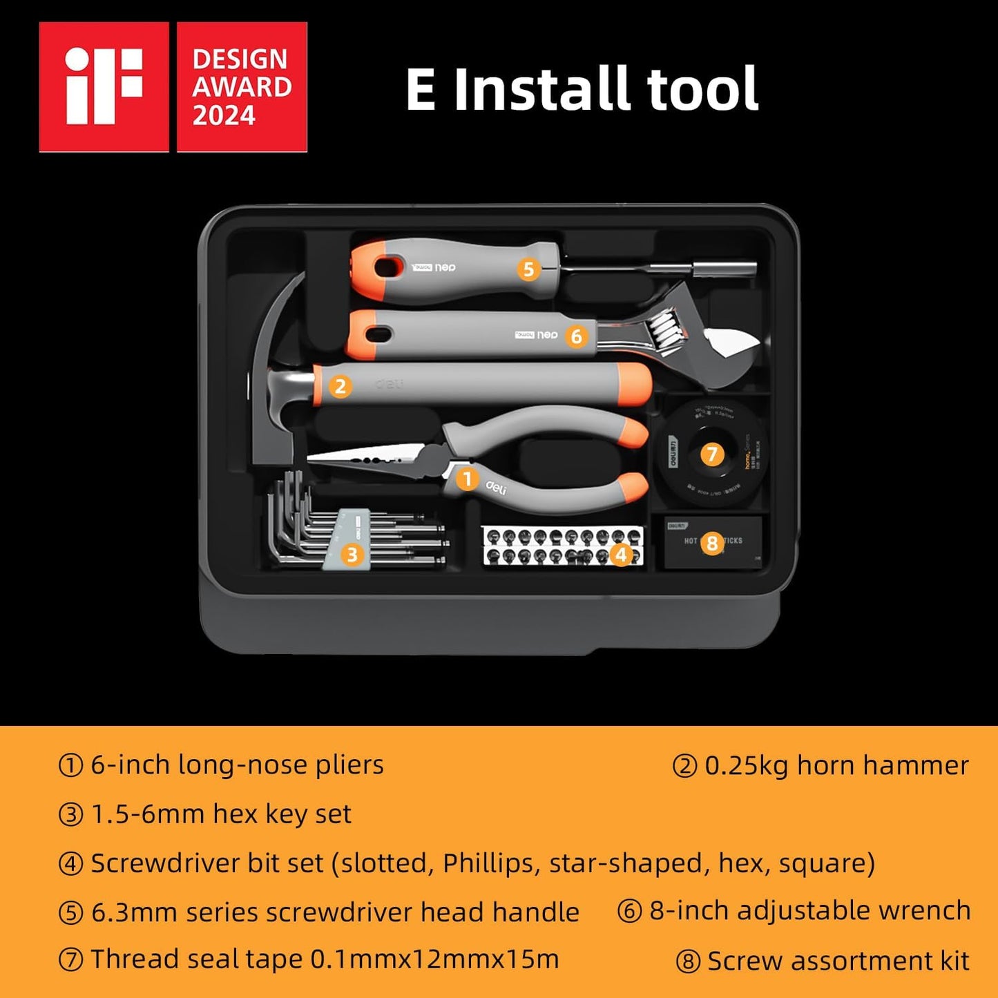 Juego de herramientas de mano, cajas apilables, compacta, Deli.