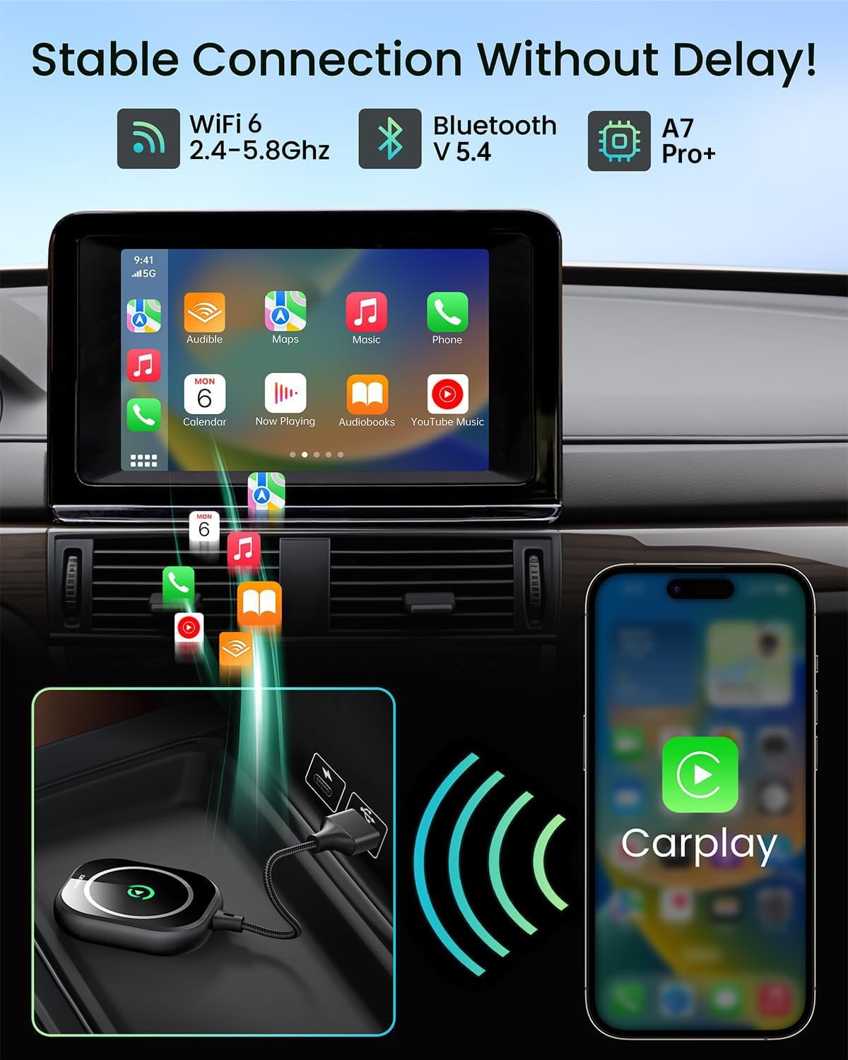 Adaptador inalámbrico CarPlay, SMQMAW, para Apple iPhone iOS.