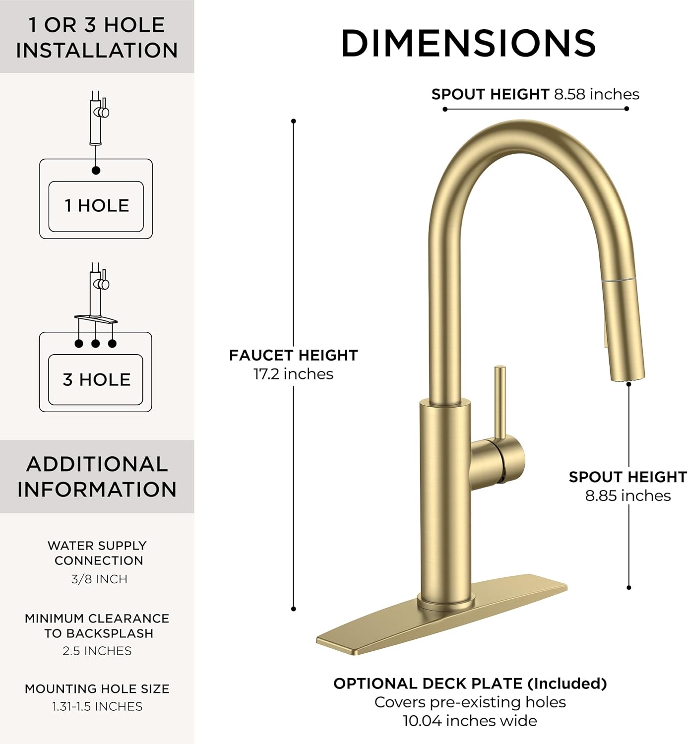 Grifo de cocina con rociador extraíble, oro cepillado, 1 o 3 ags.
