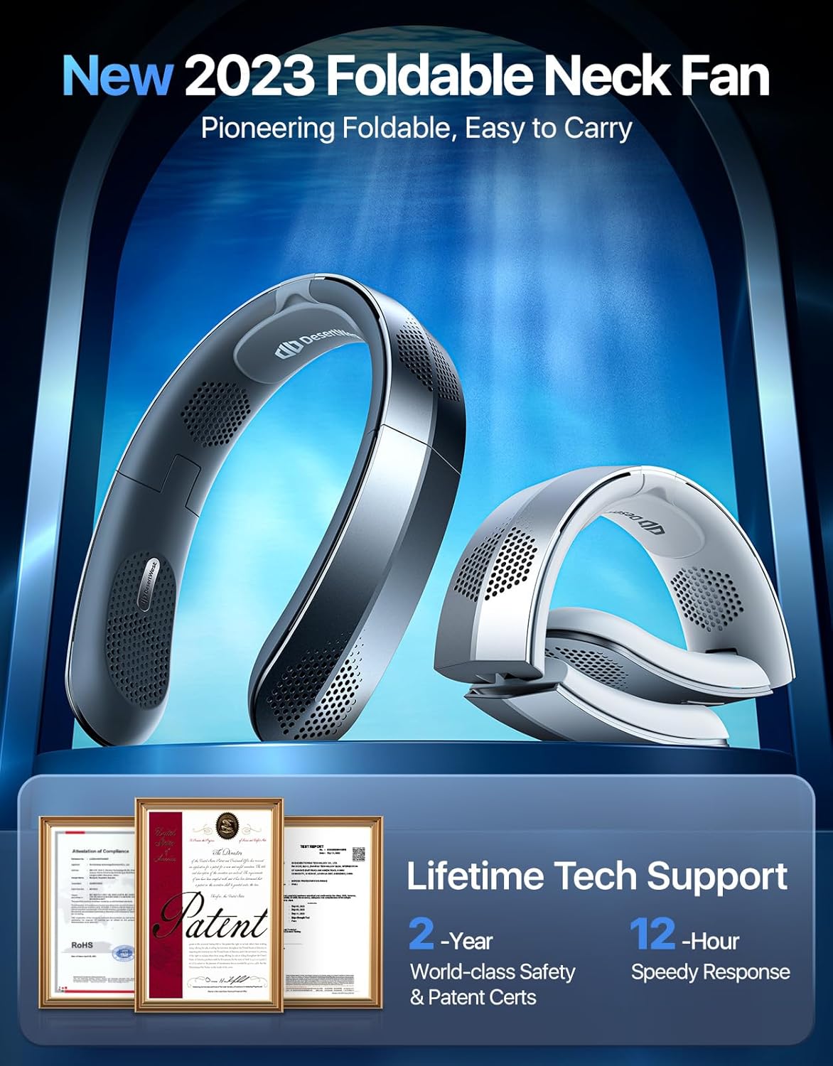 DesertWest Ventilador de cuello portátil, recargable, plegable.