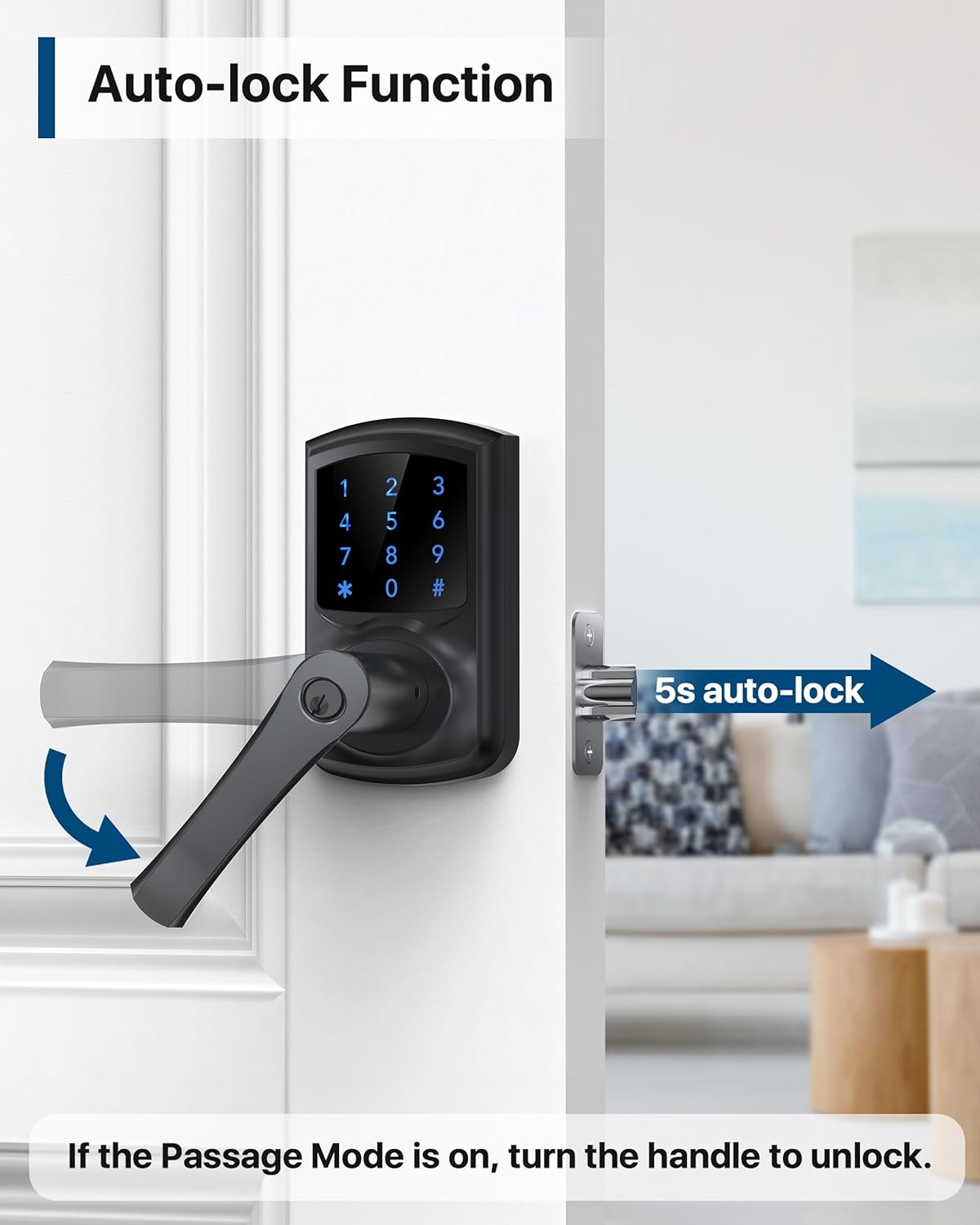 Cerradura de puerta inteligente, sin llave con teclado y asa visualización táctil.