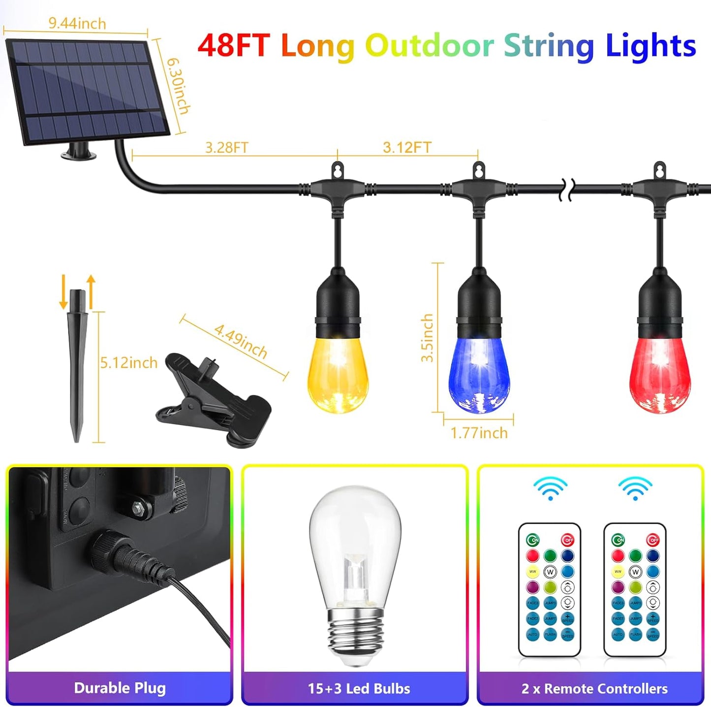 Cadena de luces solares RGB de 48FT, para exteriores, impermeable.