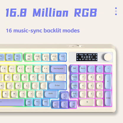Teclado para juegos AULA S99 Pro, visualización y perilla multimedia.
