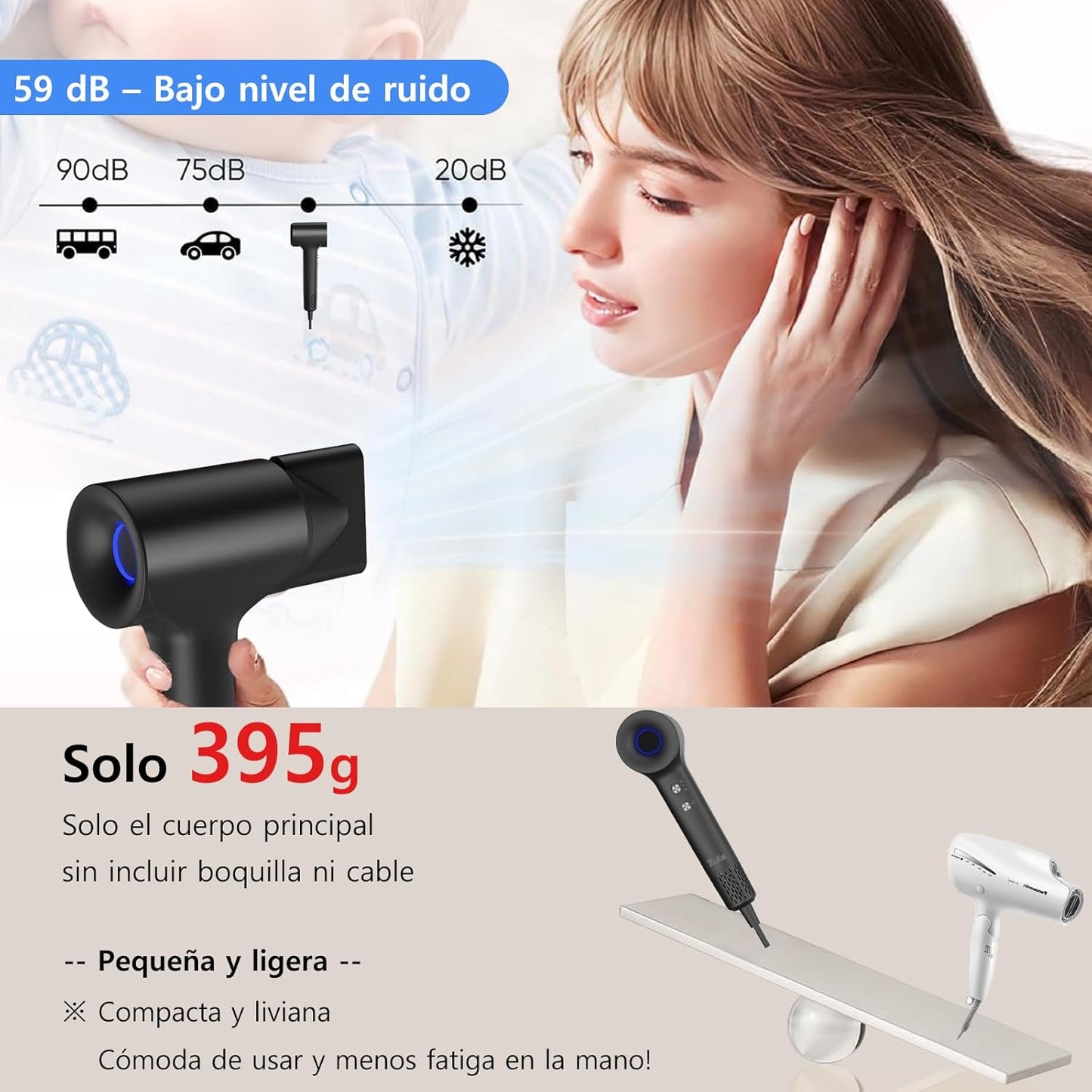 Secadora de Cabello 1500W, Iones Negativos, sin escobillas.