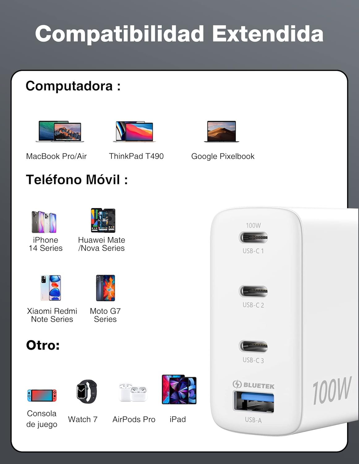 Tecknet GaN adaptador de corriente tk-pc009 blanco 100W