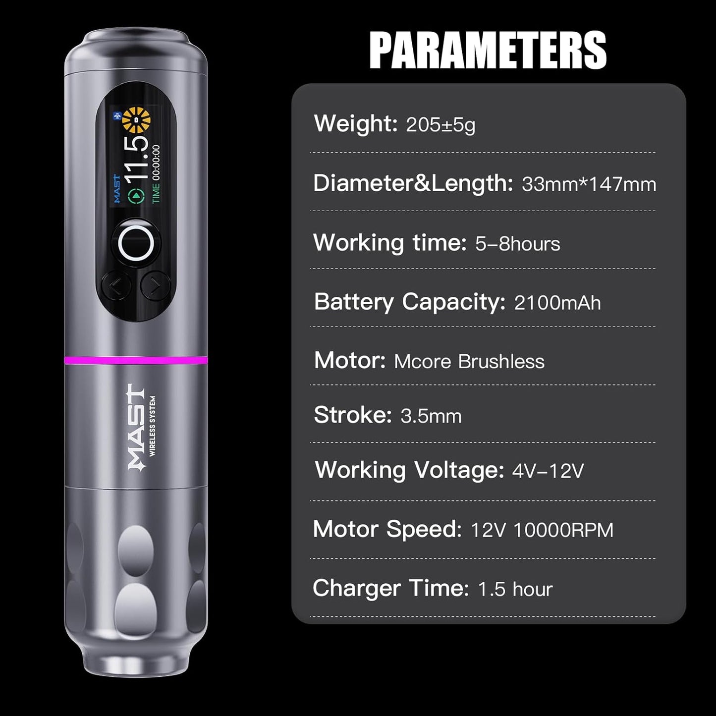 Pluma de tatuaje inalámbrica, Mast Archer2, Negro (USADO).