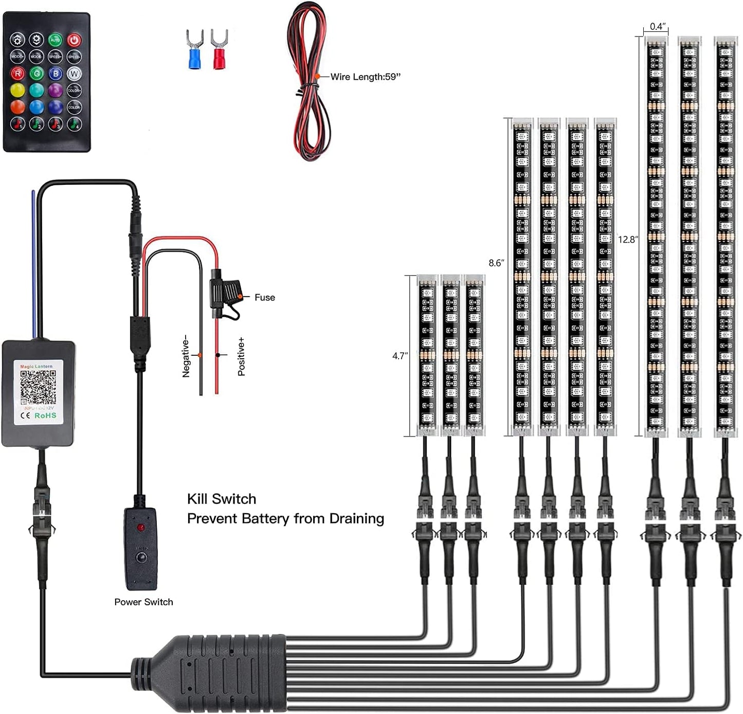 Juego de 10 tiras de luz LED, HYBKLER, con control remoto.(USADO).