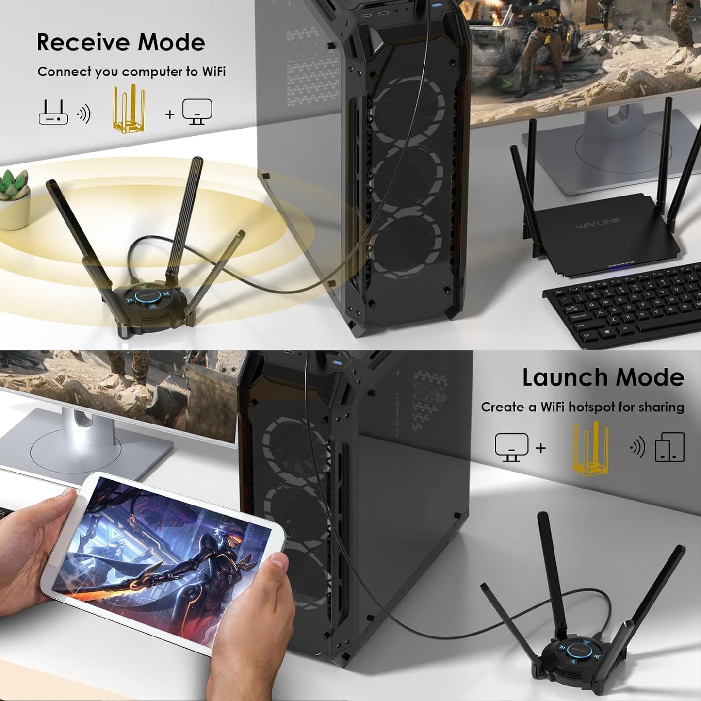Adaptador USB WiFi 6 WAVLINK AX5400 de largo alcance para PC y portátil.