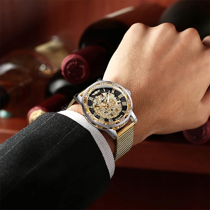 Reloj mecánico, diseño de esqueleto y talla de flores, Winner.