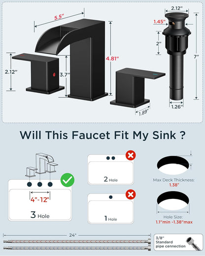 Grifo Baño Cascada Elegante FORIOUS 8" Negro Mate