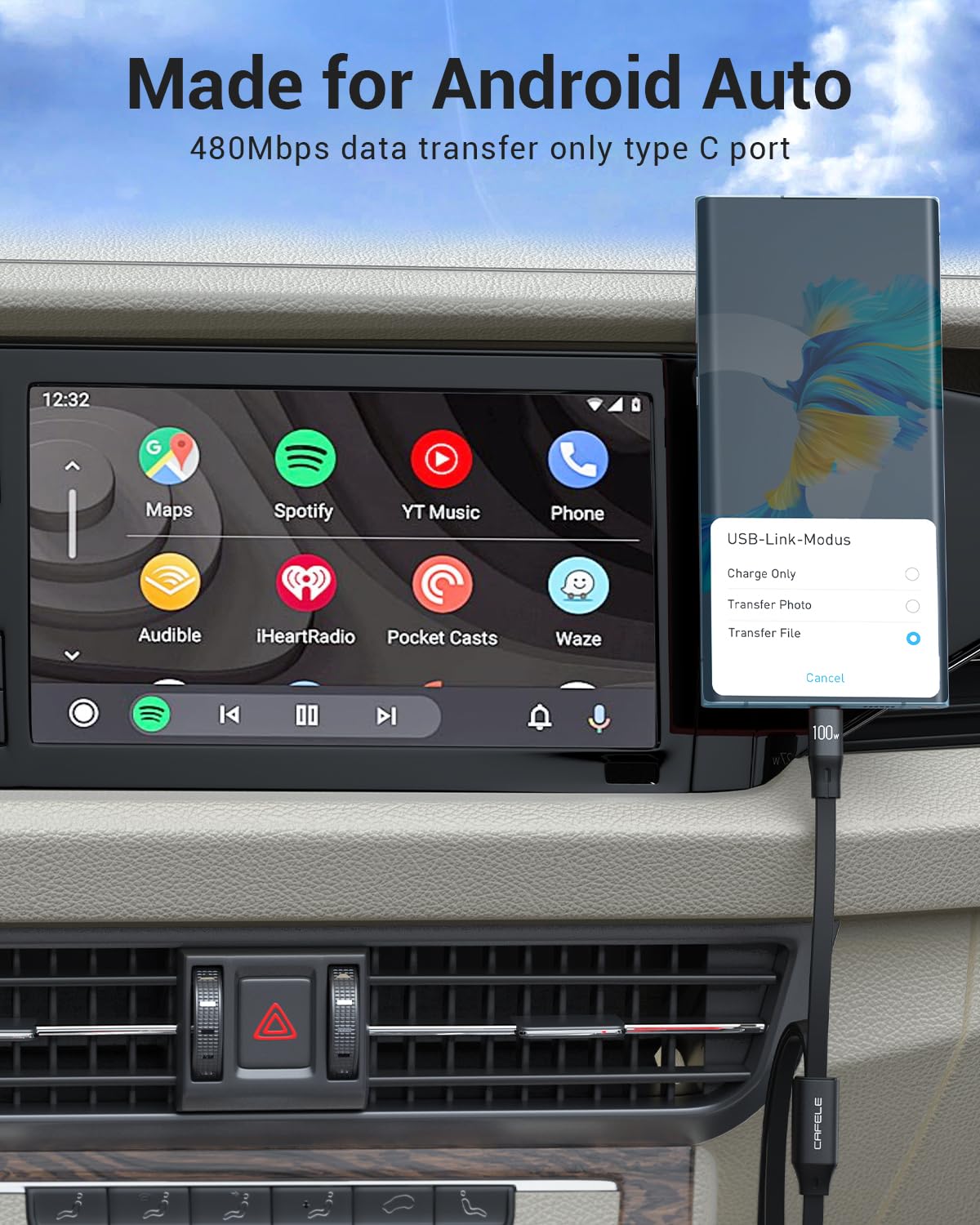 Cable de carga múltiple de 100 W, retráctil, Cafele 3 en 1.