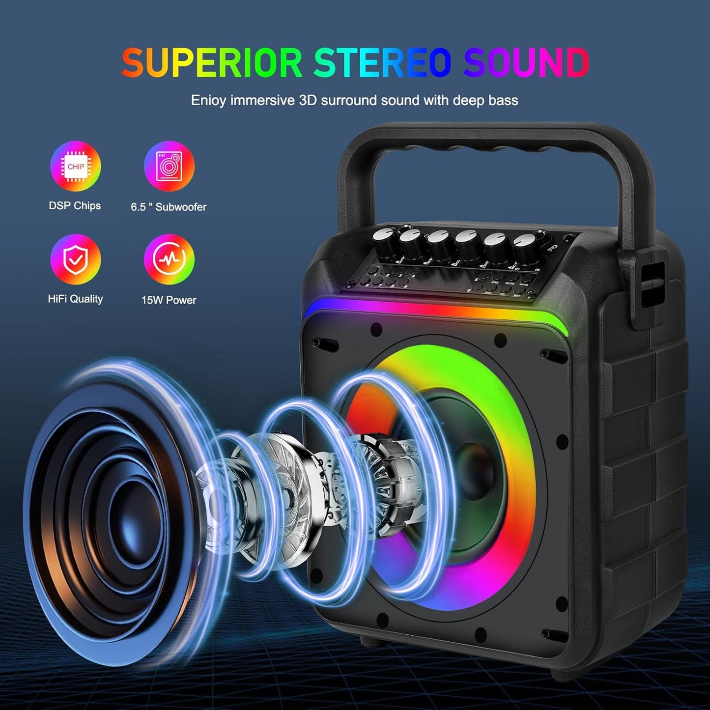 Máquina de karaoke, 2 micrófonos inalámbricos, entrada AUX.