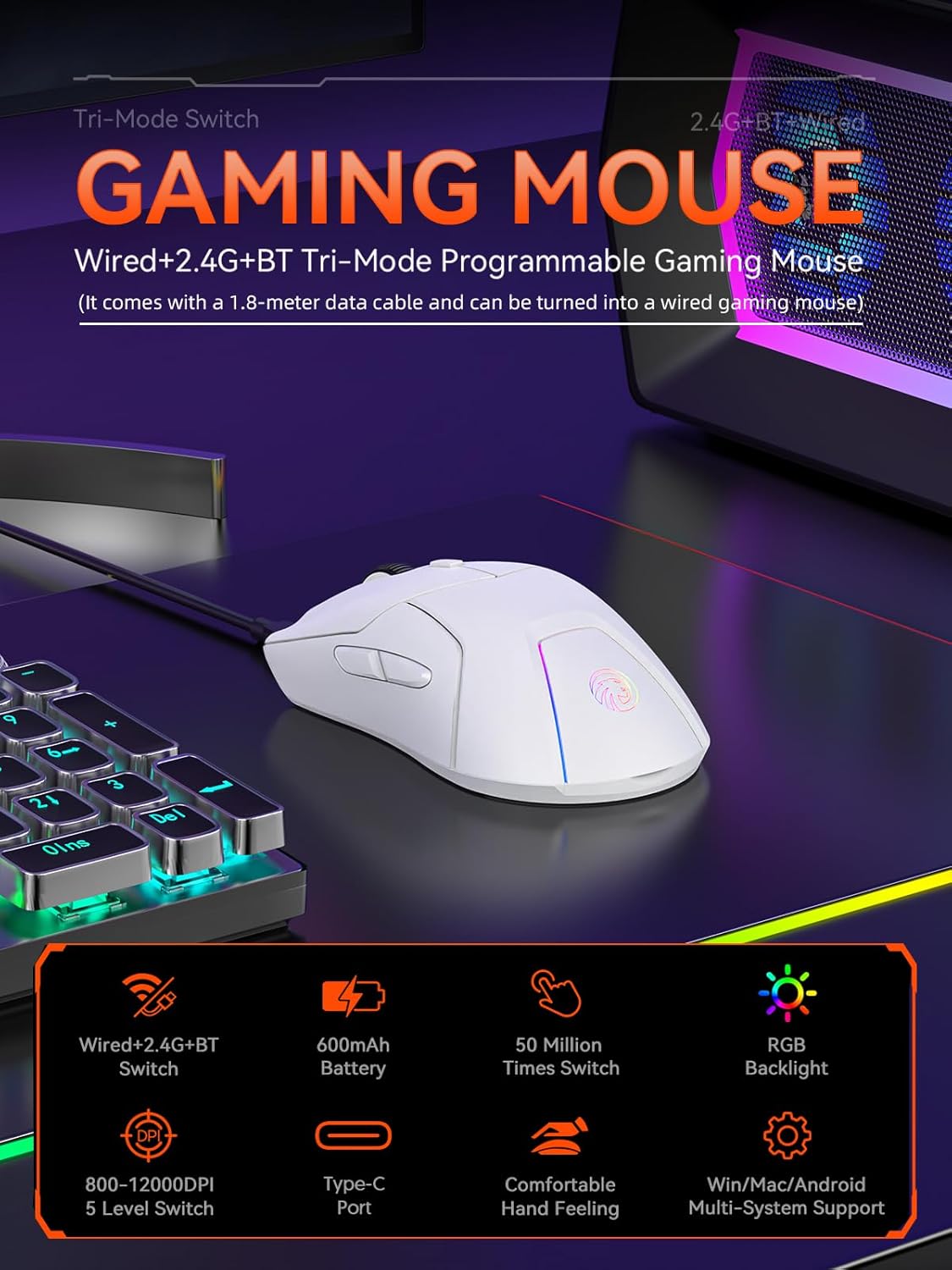 Mouse inalámbrico blanco para juegos, tres modos (2.4G/Bluetooth/cableado)
