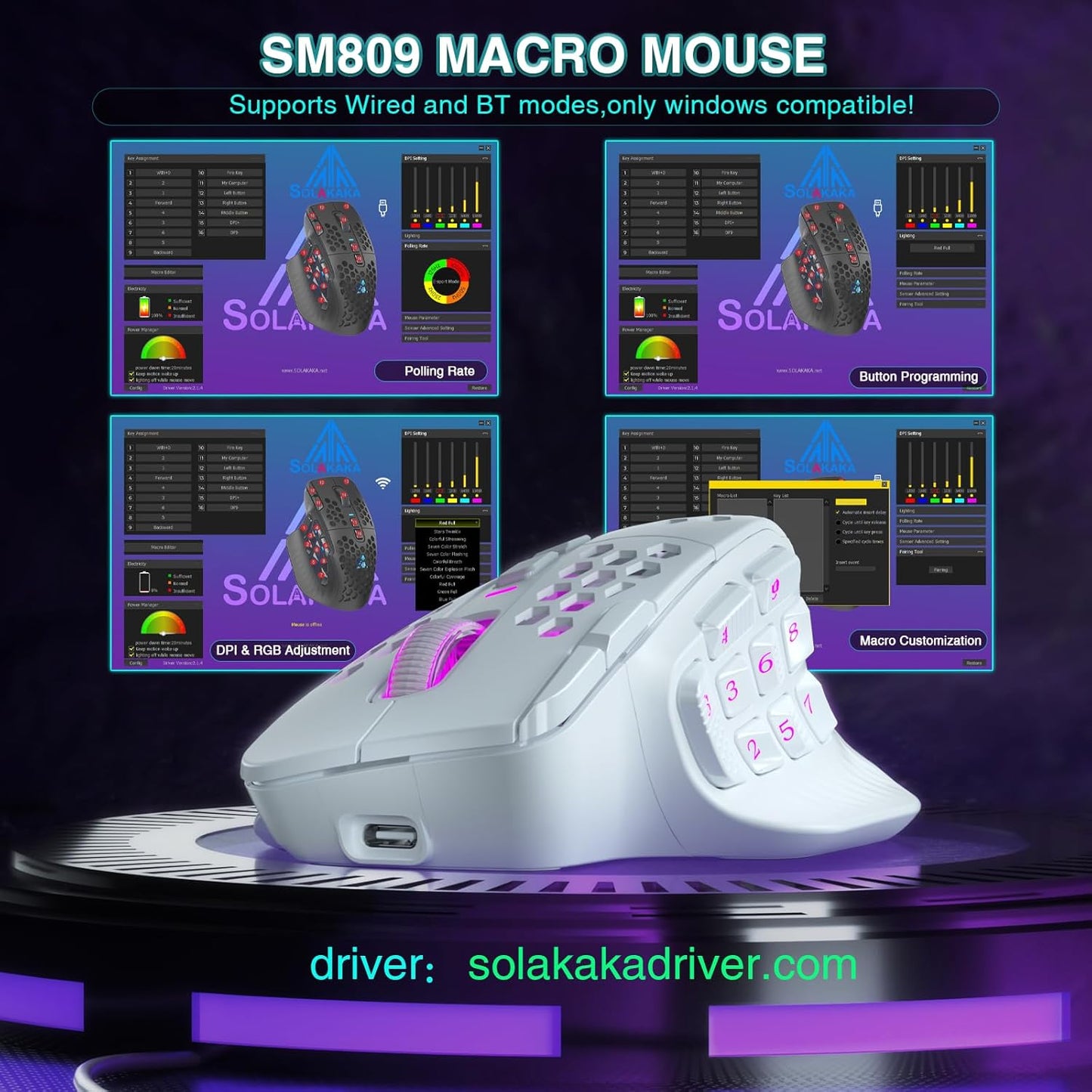 SM809 Pro Mouse inalámbrico MMO para juegos con 9 botones laterales, SOLAKAKA