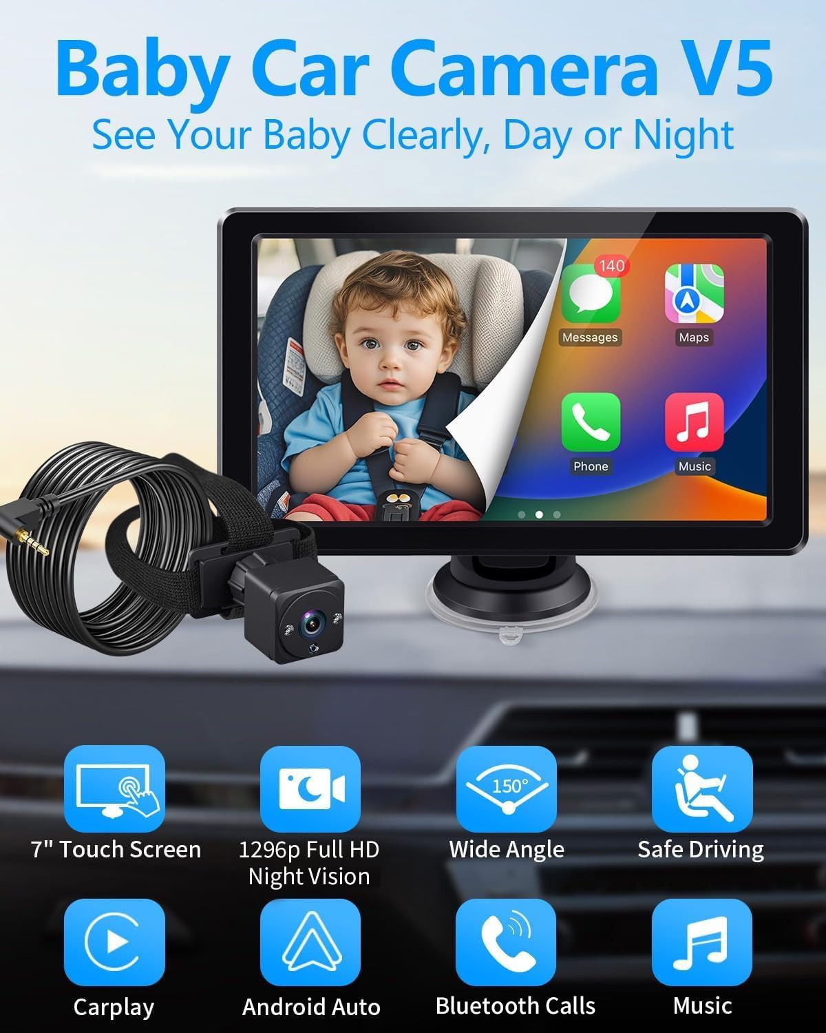 Cámara de coche para bebé 7" visión nocturna sin brillo (USADO)