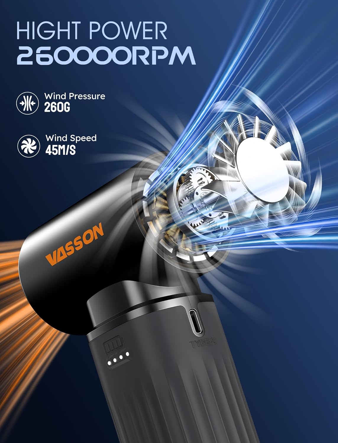 Soplador de aire, inalámbrico de 260000 RPM, Recargable, 3 Vel.