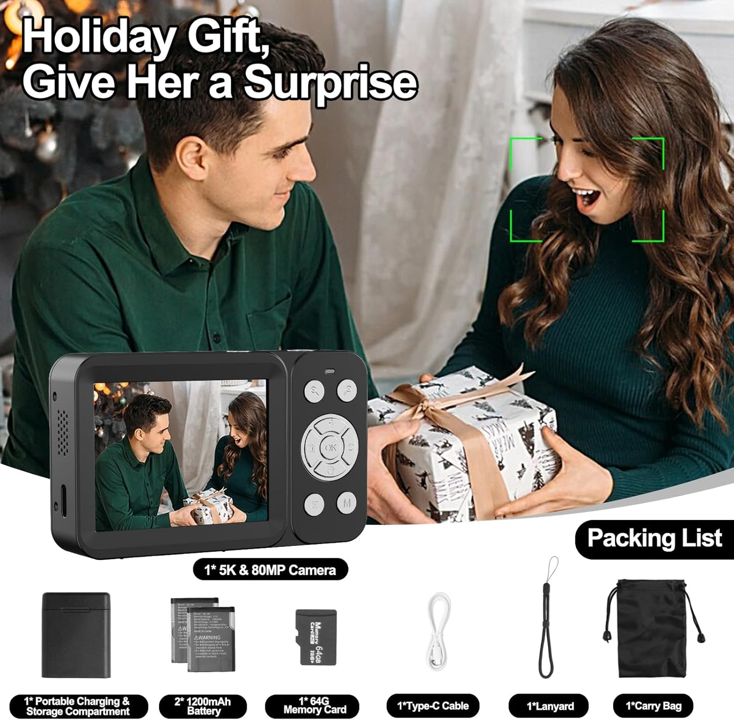 Cámara digital de doble pantalla 5K, 80 MP, para vlog y apps.