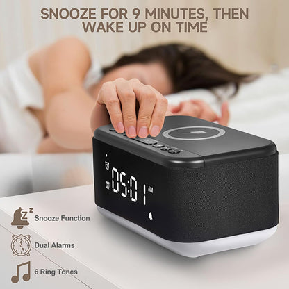 Reloj despertador con altavoz cargador inalámbrico, despertador digital,