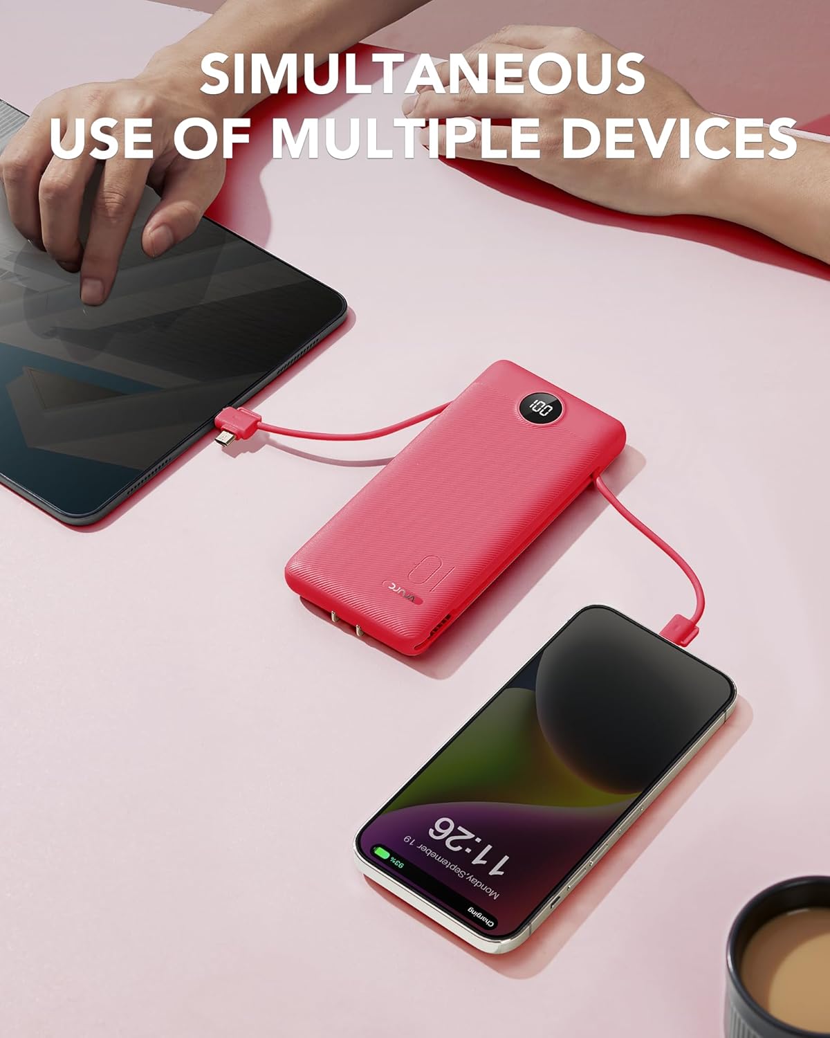 VRURC Cargador portátil con cables y enchufe, 10000mAh.