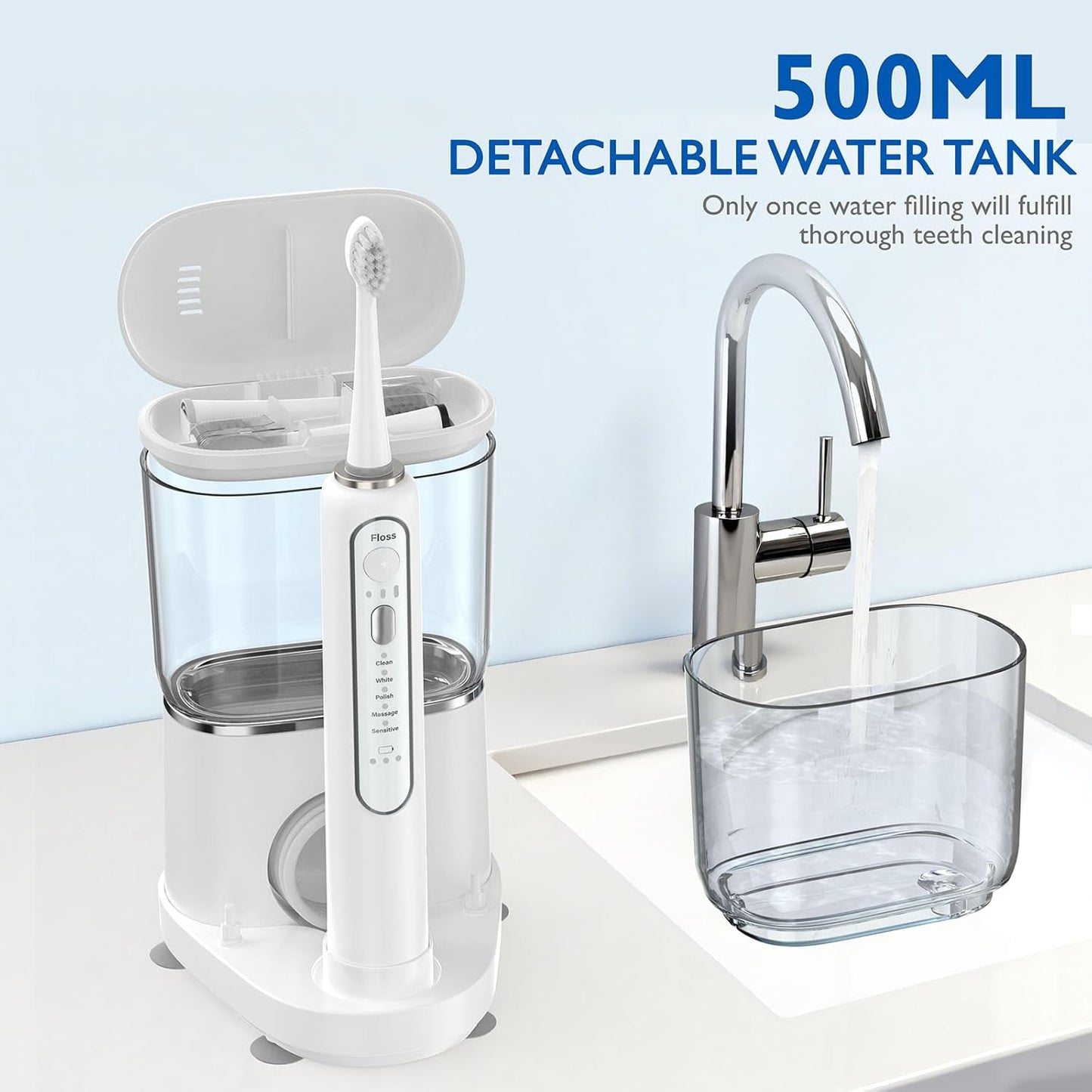 Cepillo de dientes eléctrico con hilo dental de agua, 500 ml, 3 vel.