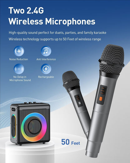 Karaoke con 2 micrófonos inalámbricos recargables, VERKB T09.