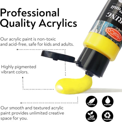 Set de pintura acrílica, 54 colores, 60 ml, con 12 pinceles, lienzo y madera.