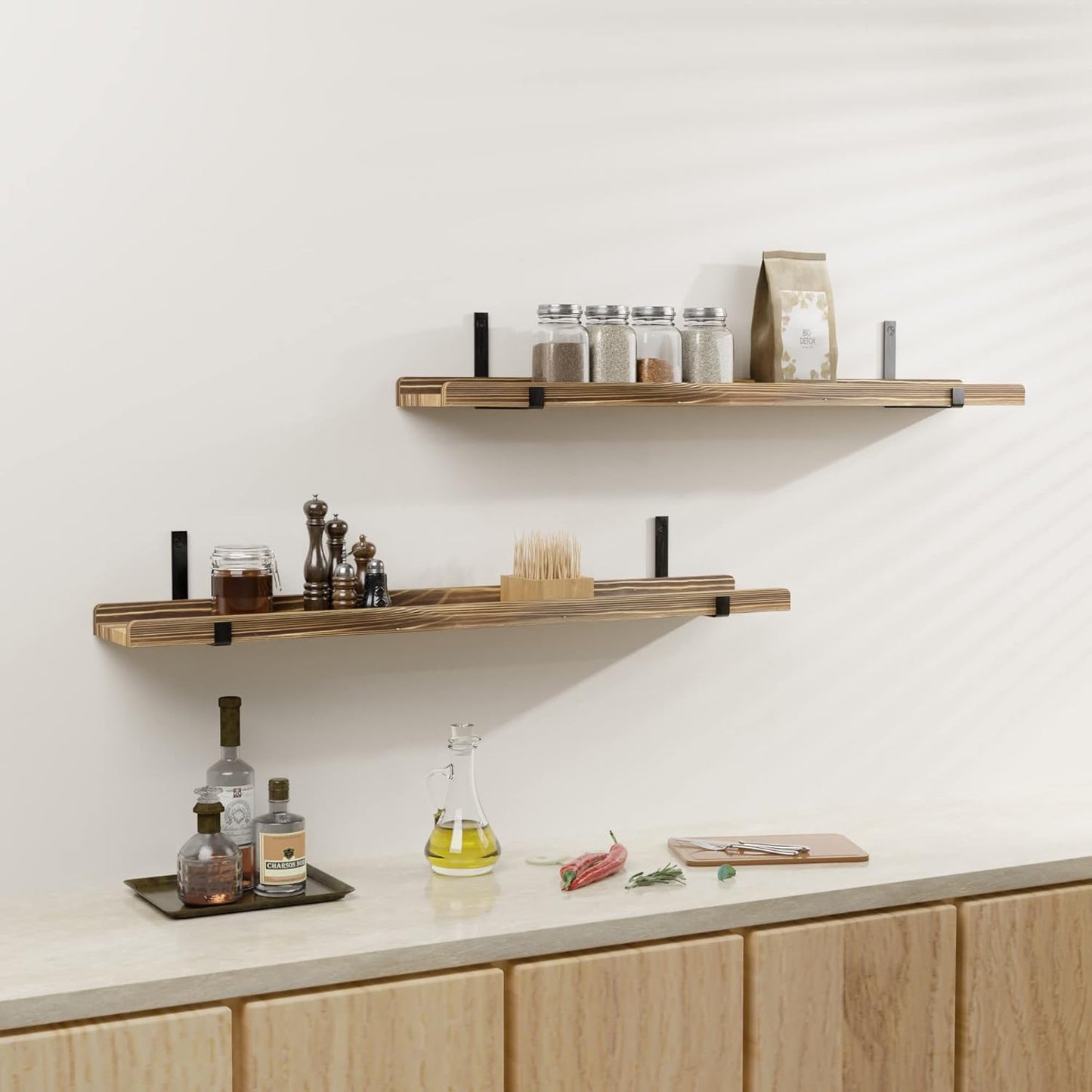 Juego de repisas flotantes, madera natural de pino, 36", forma de U.