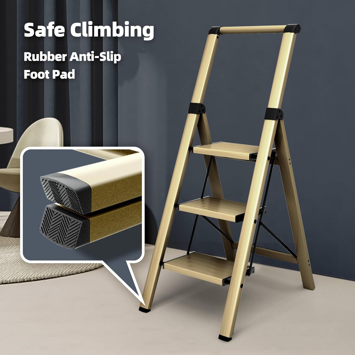 Escalera, aluminio de 3 escalones, plegable con asa, antideslizante.