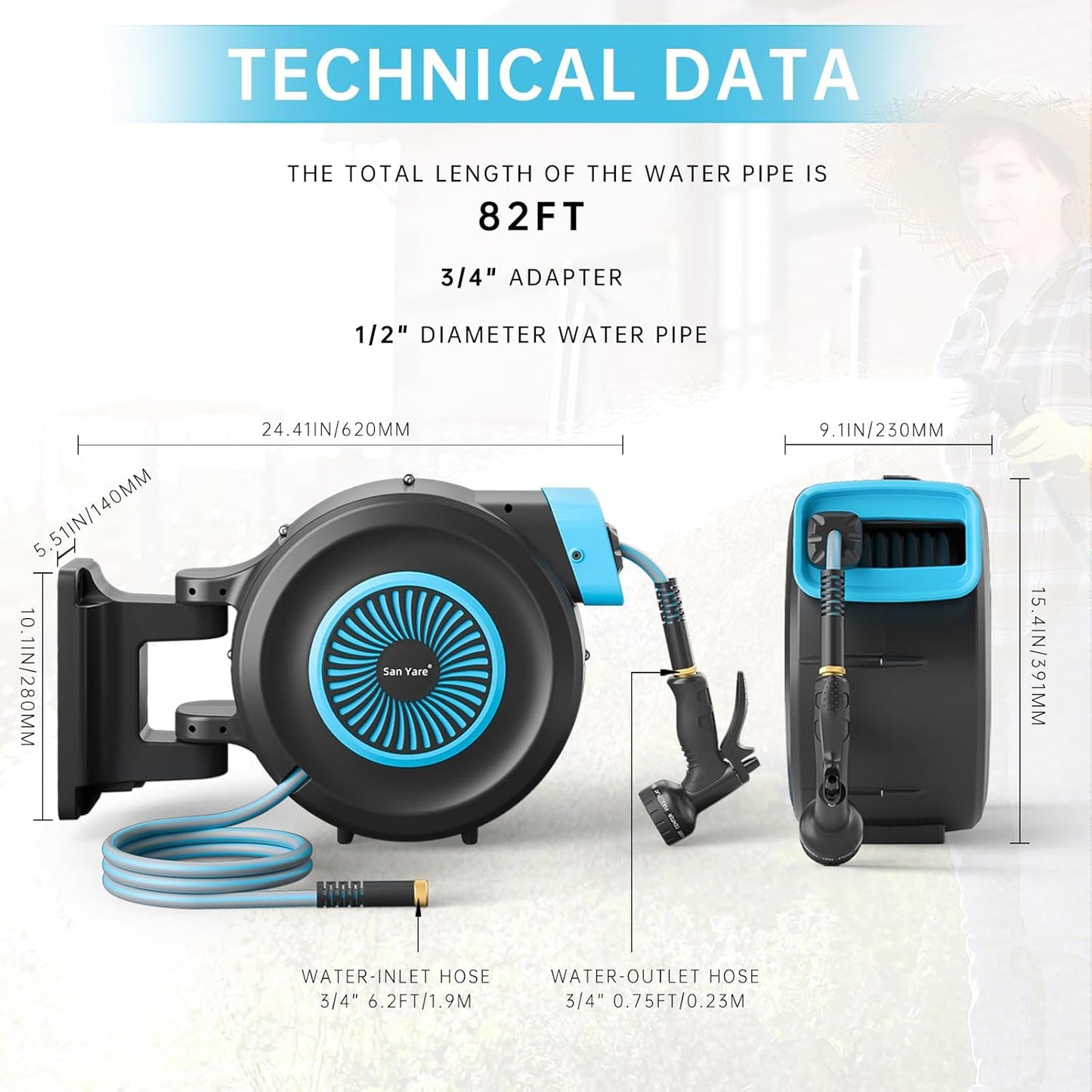 Carrete retráctil de manguera de jardín de 1/2 pulgadas,82FT.