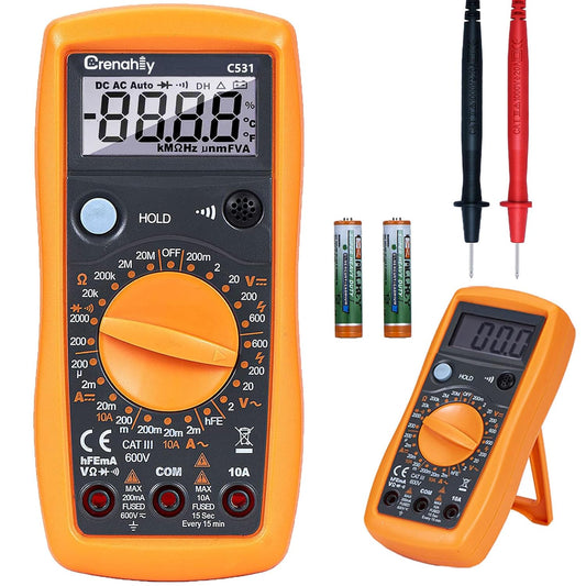 Multímetro digital, voltaje, corriente, resistencia, diodo, continuidad.