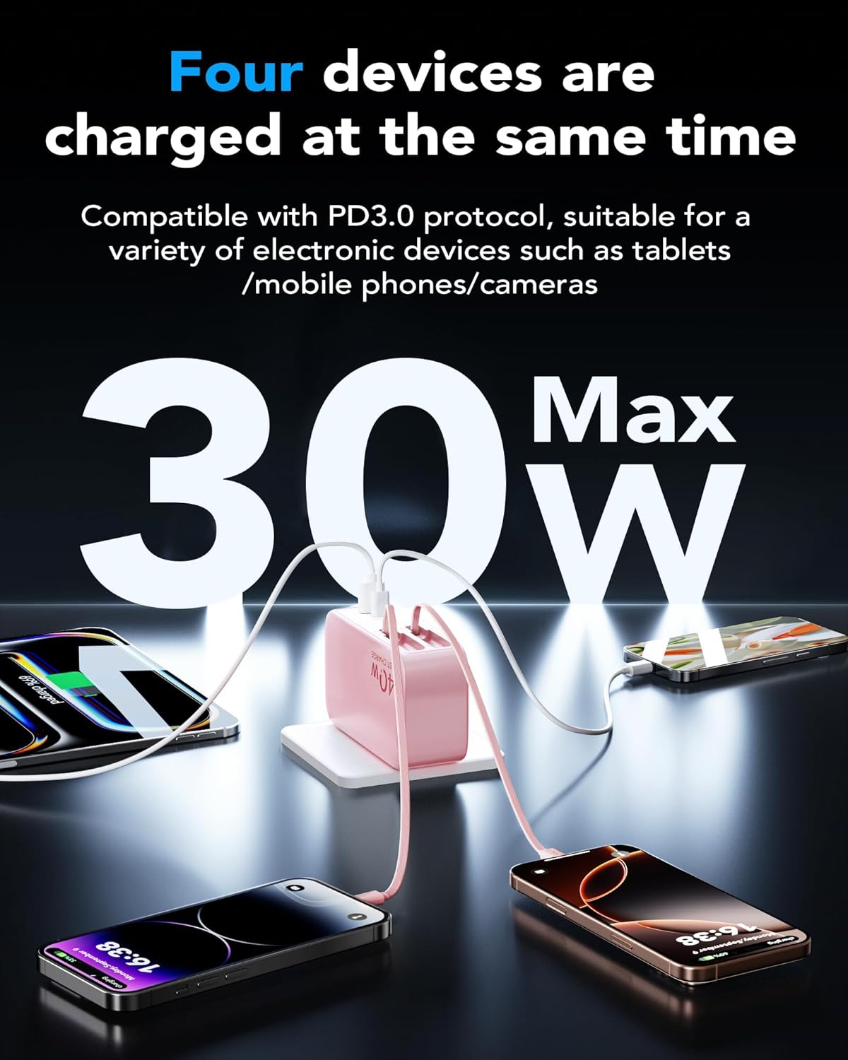 Cargador de pared retráctil 4 en 1, retráctil, Carga rápida, (USADO).