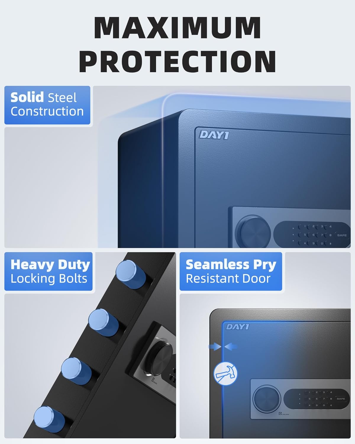 Day1 Caja Fuerte, Segura, Alarma Doble, Estante Extraible.