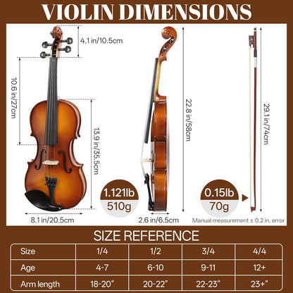Juego de violín Kmise acústico 4/4, con estuche, colofonia y cuerdas.