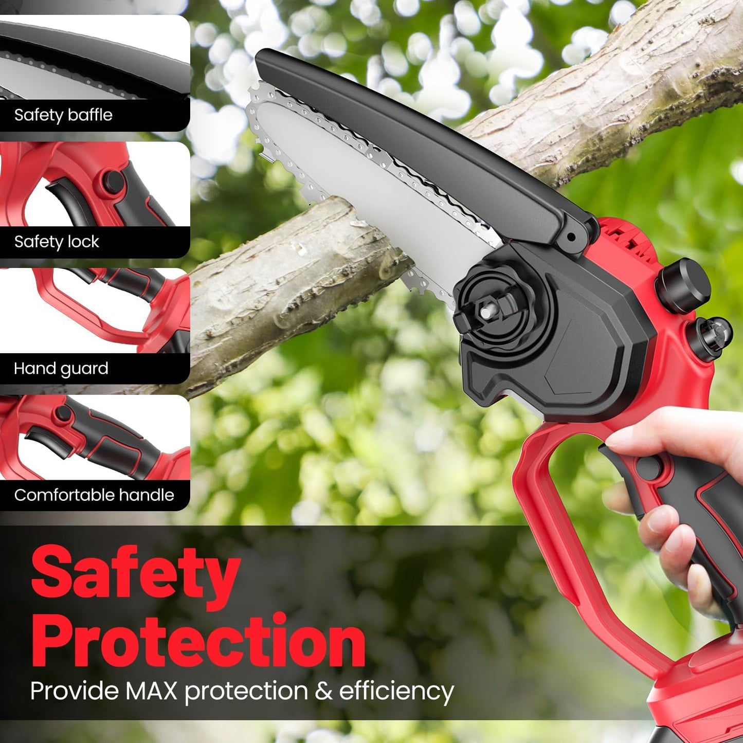 Mini motosierra inalámbrica de 6", 2 baterías y 3 cadenas, portátil.