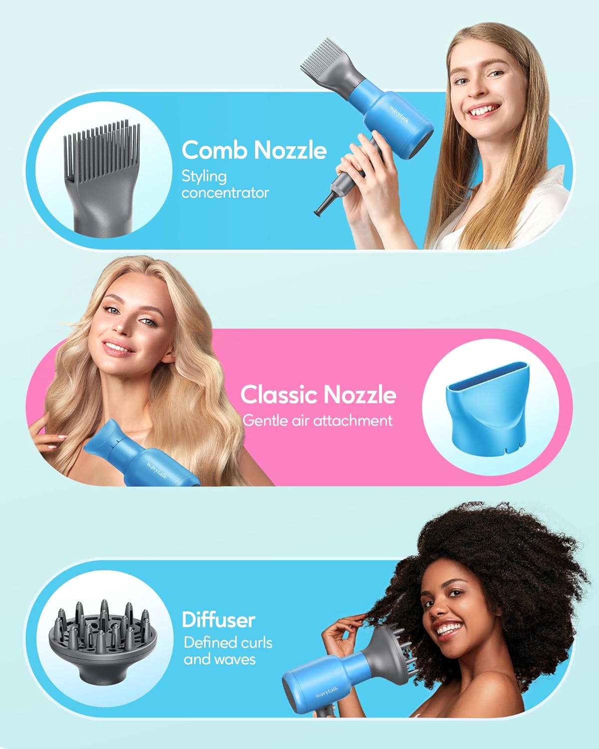 Wavytalk Secador de pelo con difusor, 3 accesorios, ionico.