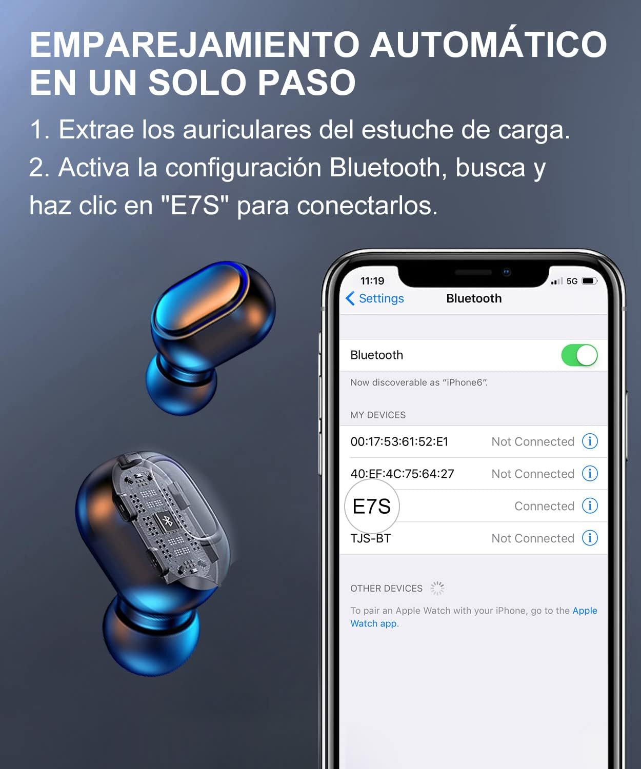 Auriculares Bluetooth inalámbricos, intraurales, pantalla tactil.