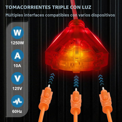 Carrete de cable de extensión retráctil Vevor, 30 ft toma triple iluminada