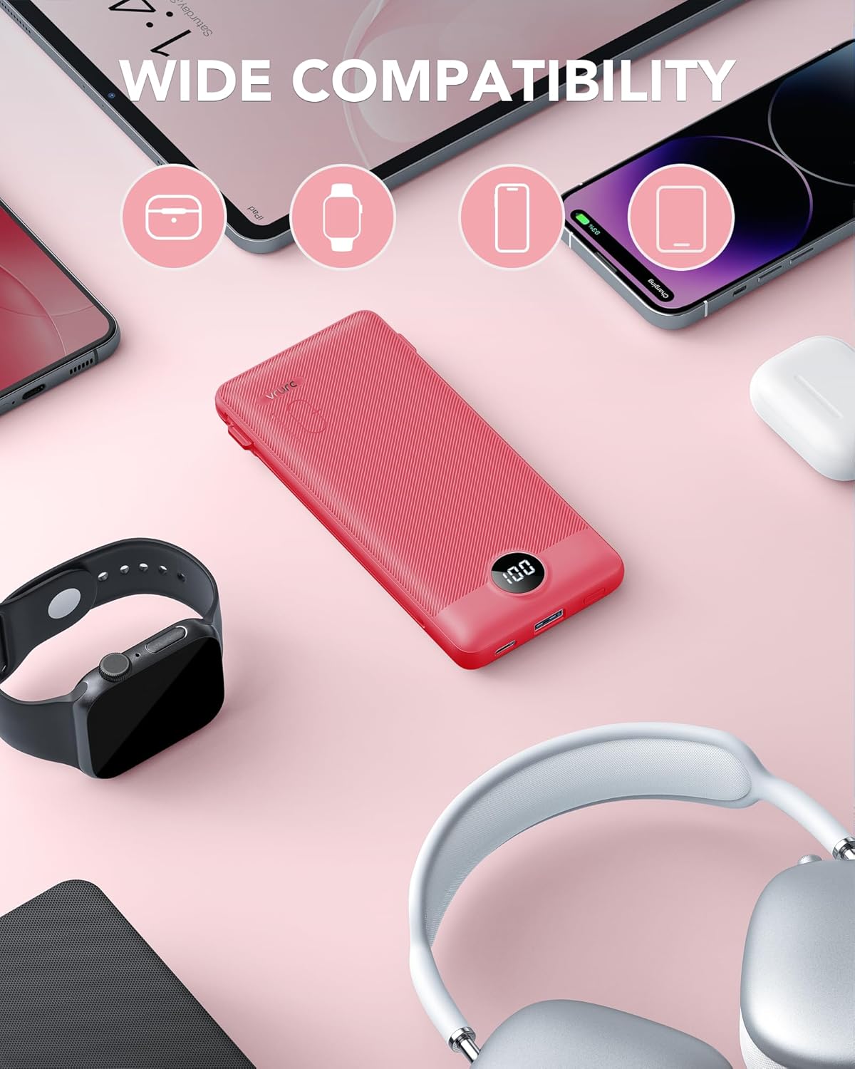 VRURC Cargador portátil con cables y enchufe, 10000mAh.
