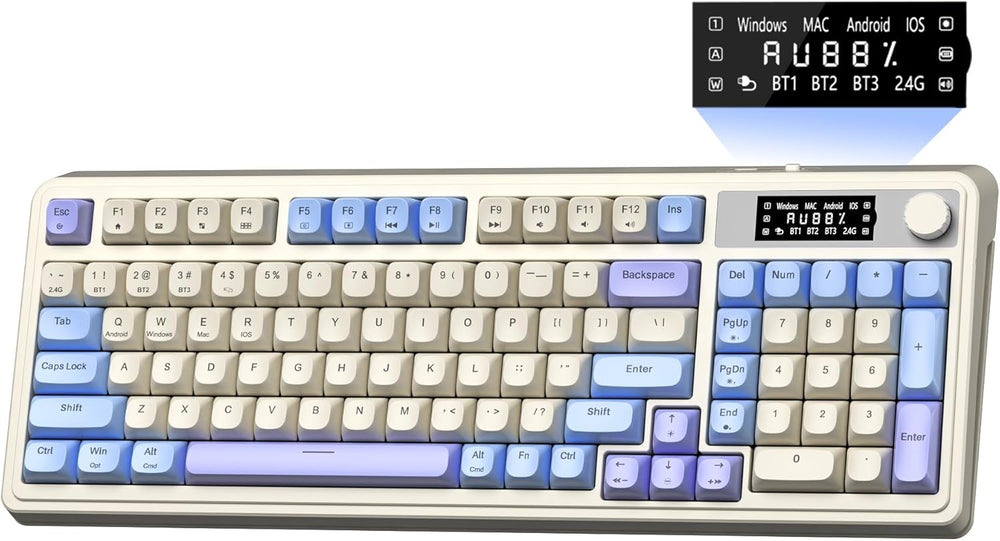 Teclado para juegos AULA S99 Pro, visualización y perilla multimedia.