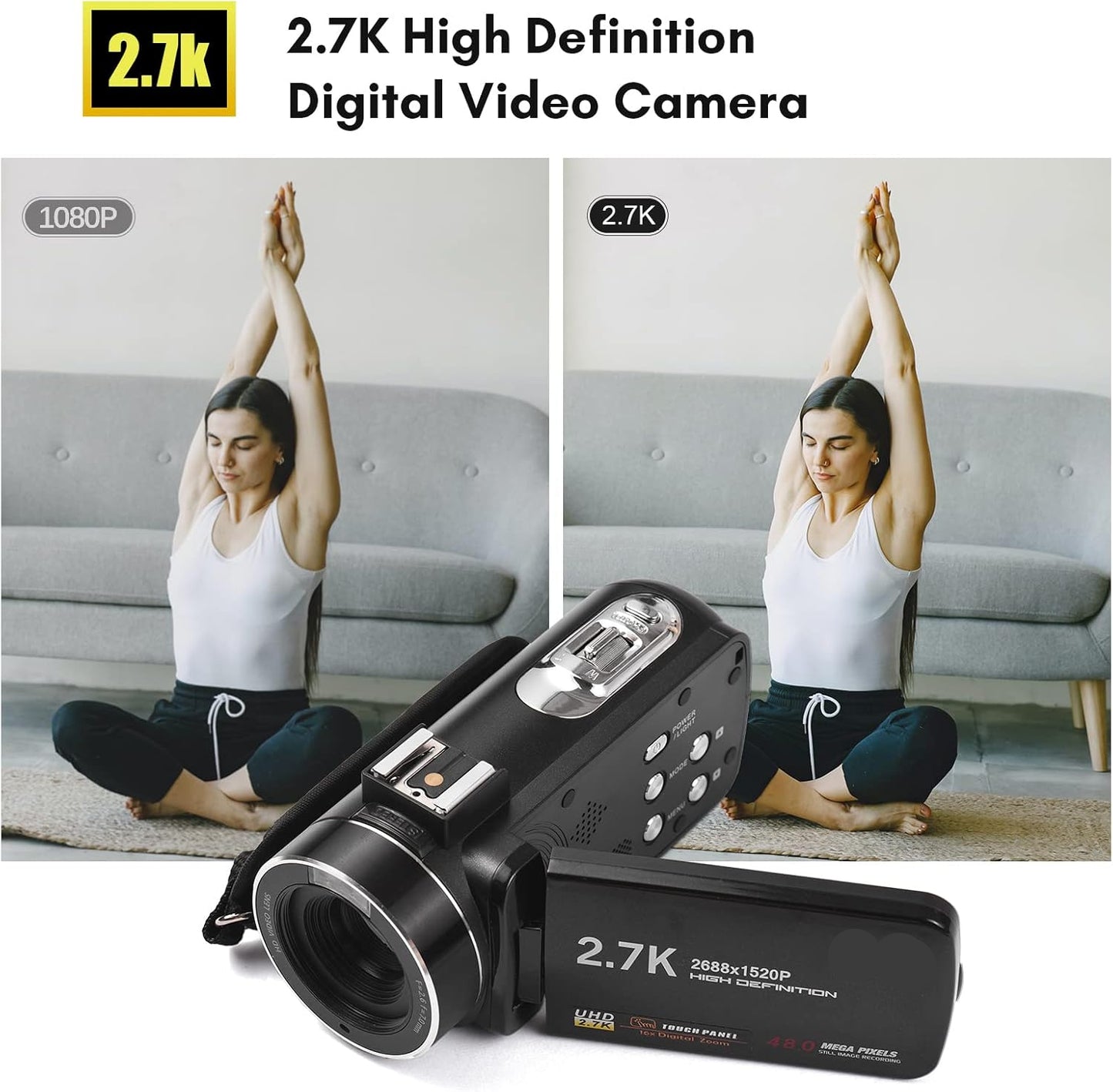 Cámara de video digital 2.7K, 48 MP, zoom digital 16X, panel táctil.