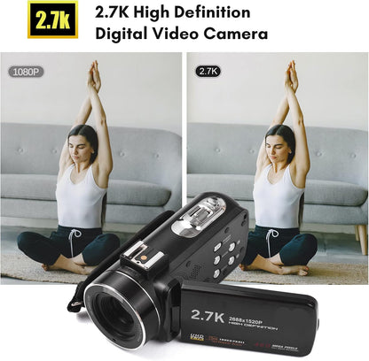 Cámara de video digital 2.7K, 48 MP, zoom digital 16X, panel táctil.