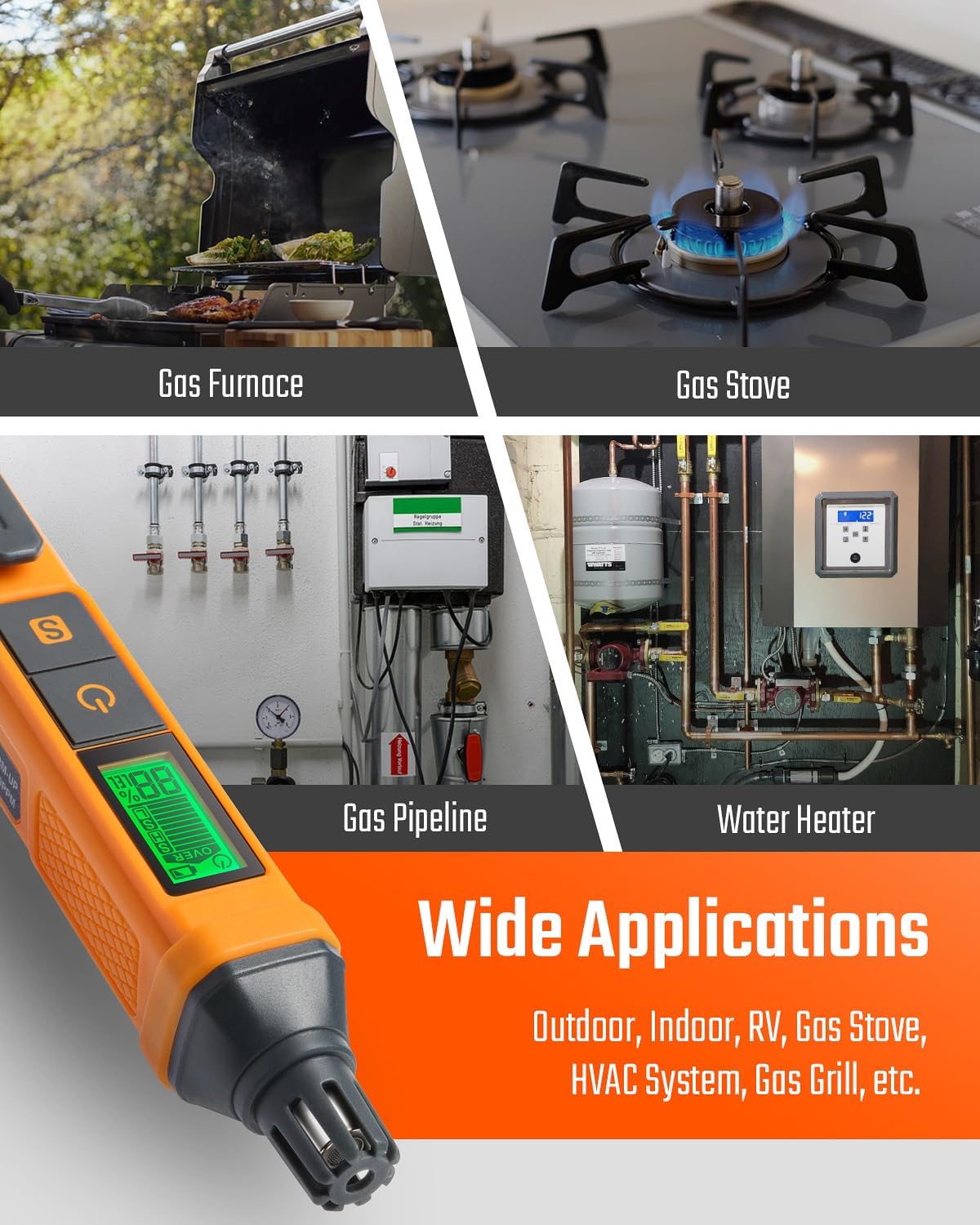 Detector de fugas de gas con % valor LEL, con alarma audible.