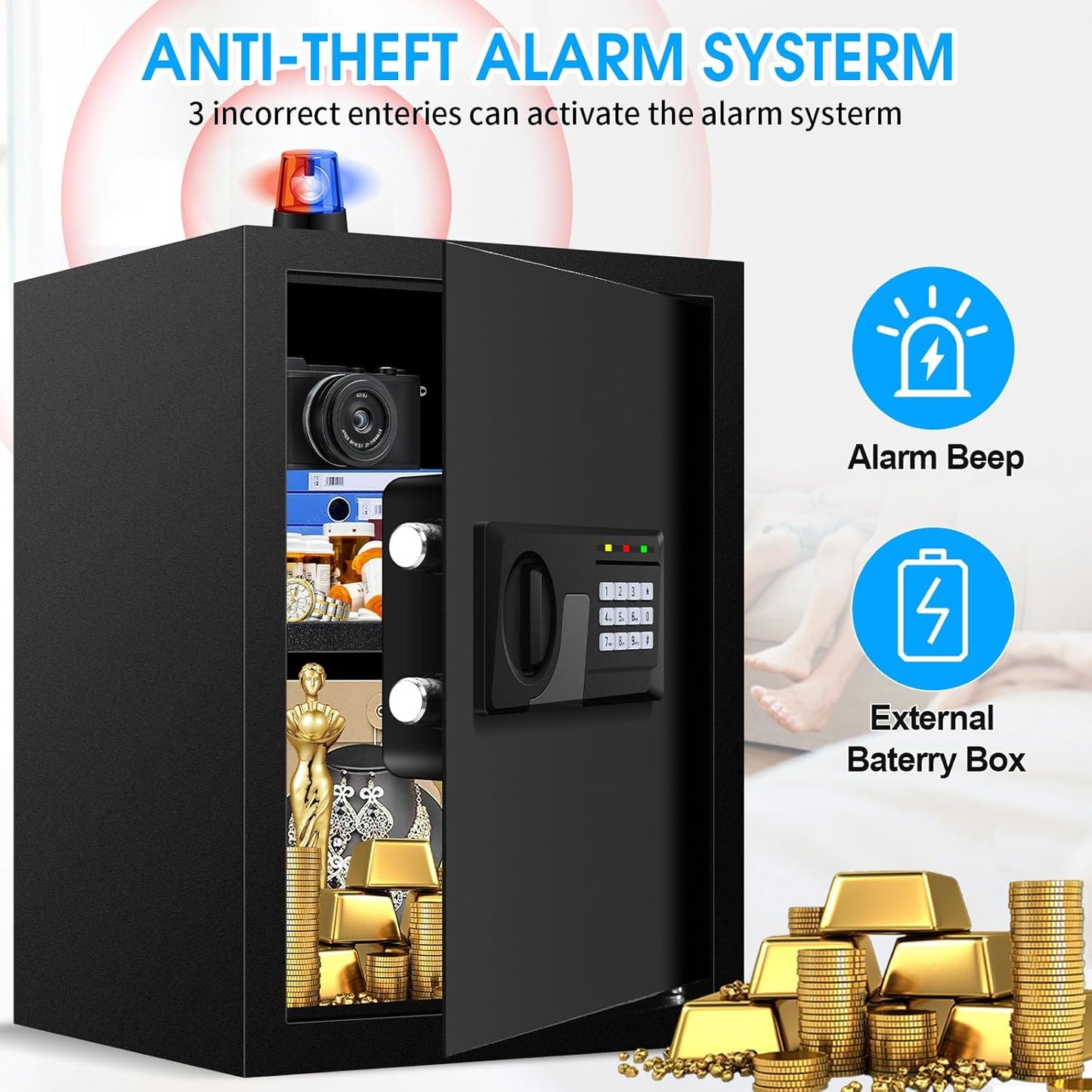 Caja de seguridad digital con teclado electrónico y llaves.