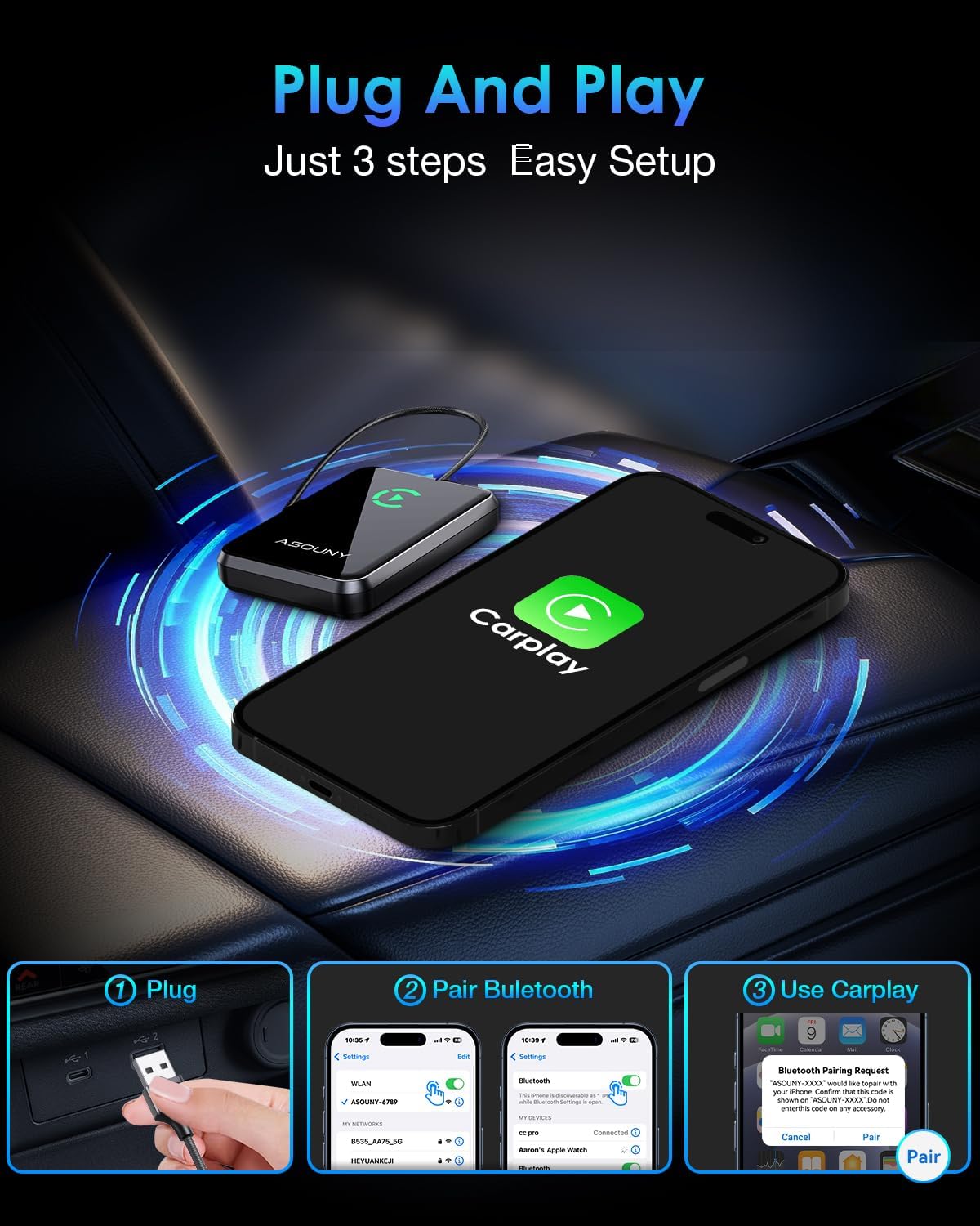 Adaptador inalámbrico CarPlay Plug and Play Asouny